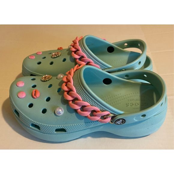 Crocs shoes Platform shoes Crocs Teal w/ charms sz 10 - Picture 4 of 7